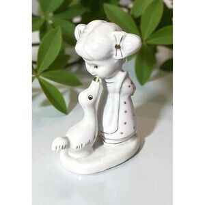 Vintage Ceramic Porcelain Little Girl & Goose Figurine Gold Trim